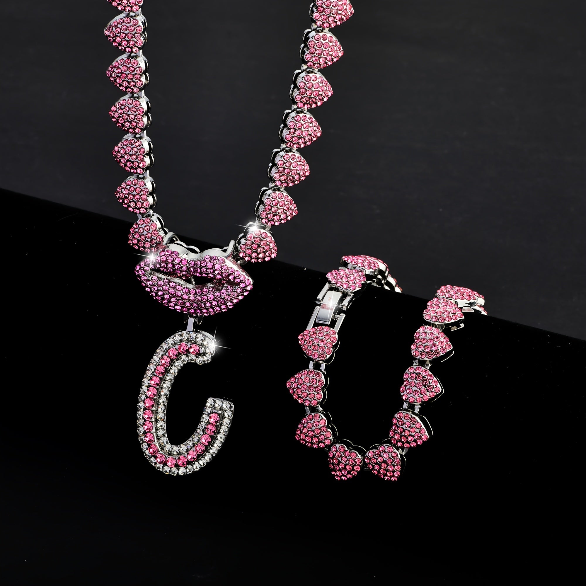 Hip Hop Y2K Style Pink Sexy Lips Pendant Necklace and Bracelet Set, A-Z Initials, Rhinestone Inlay, Zinc Alloy, Perfect for Daily Wear or Parties, Ideal Valentine's Day Gift for Men and Women, Hip Hop Jewelry