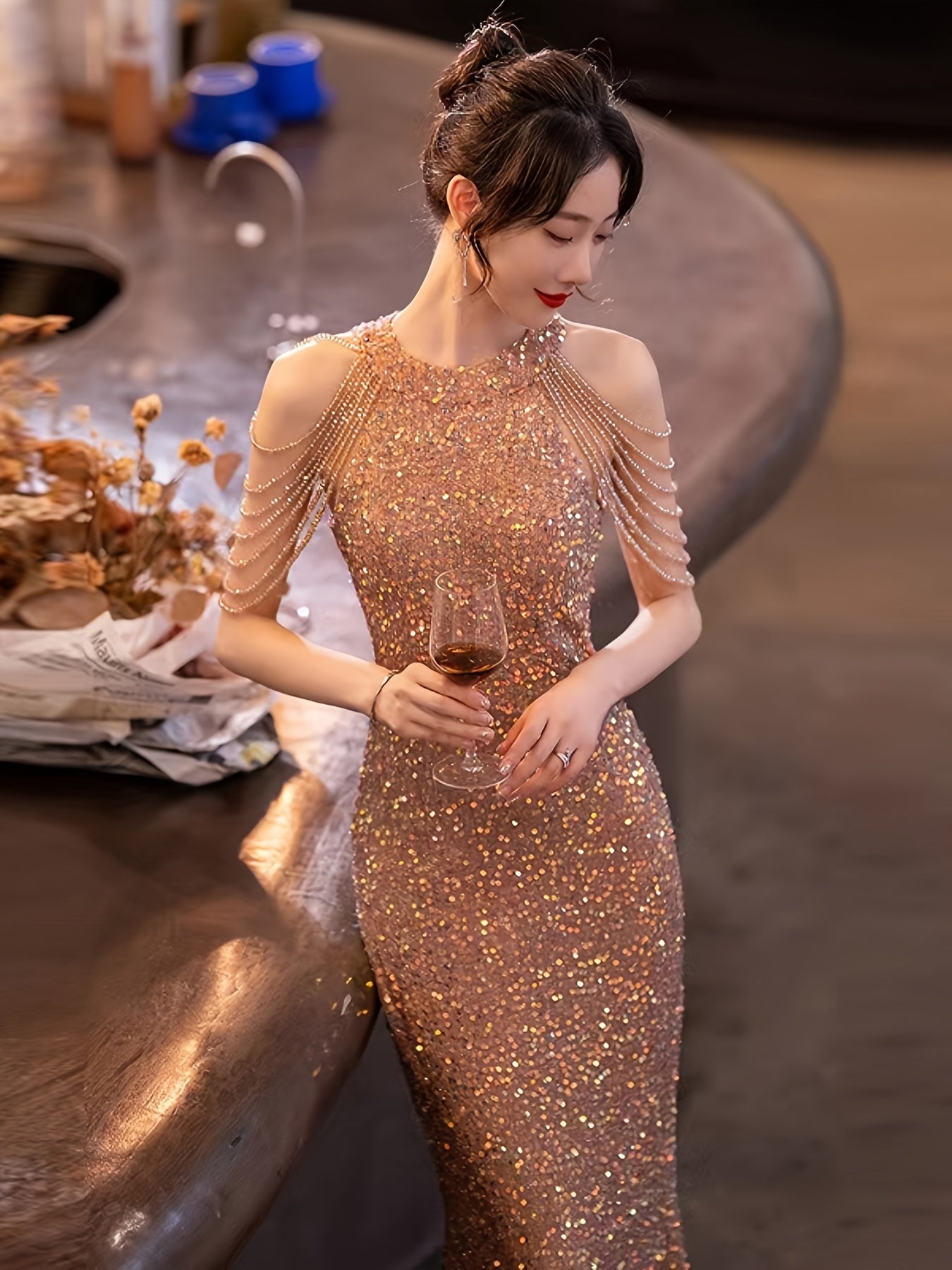 V-Neck Bodycon Long Evening Gown, Luxury Birthday Party Dress, Knit Fabric, Zipper, Solid Color, All-Season, for Adult Women