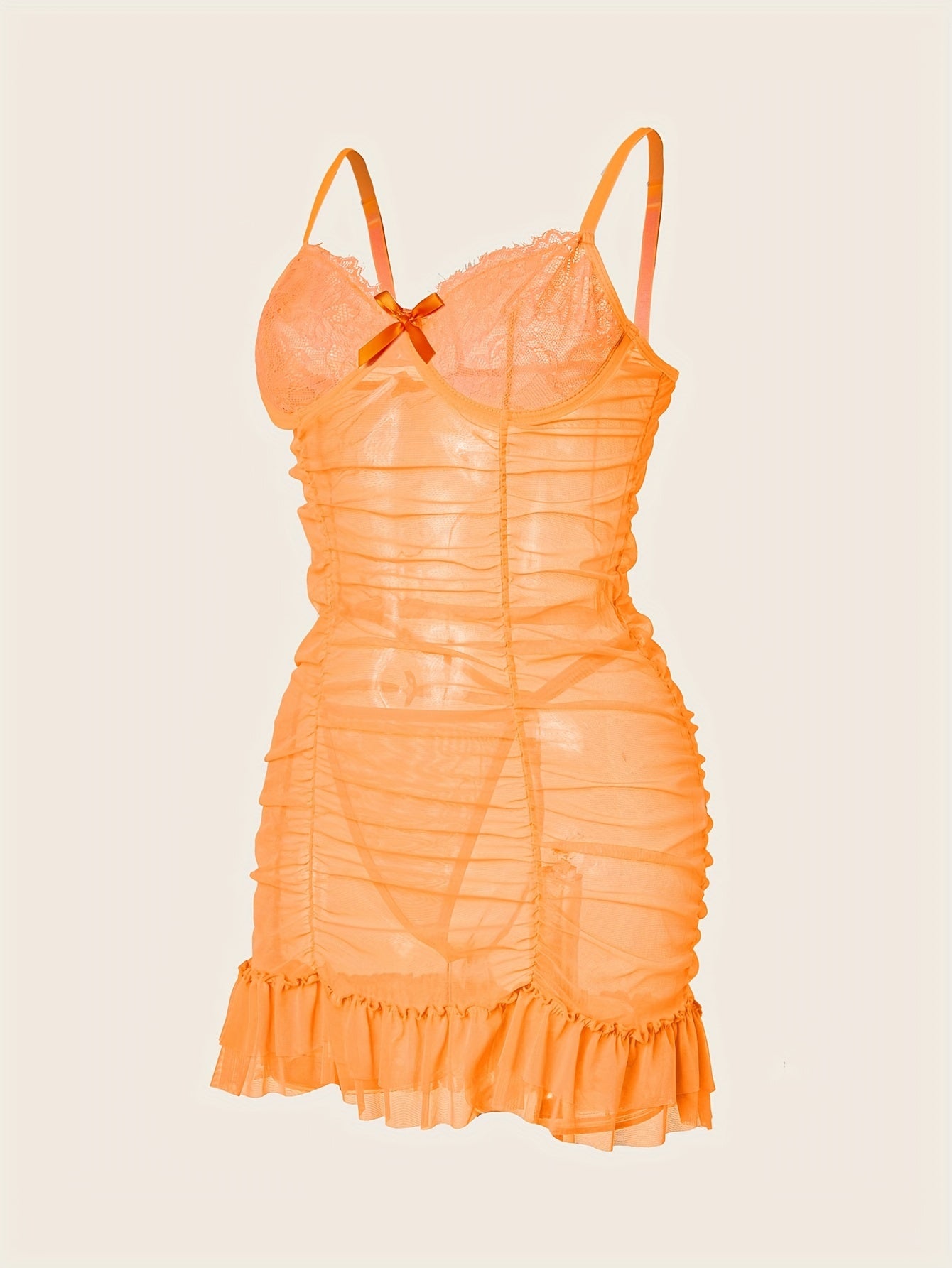 Enticing Lace Mesh Babydoll, See Through Ruffle Trim Ruched Bodycon Mini Dress, Women's Sexy Sleepwear & Loungewear