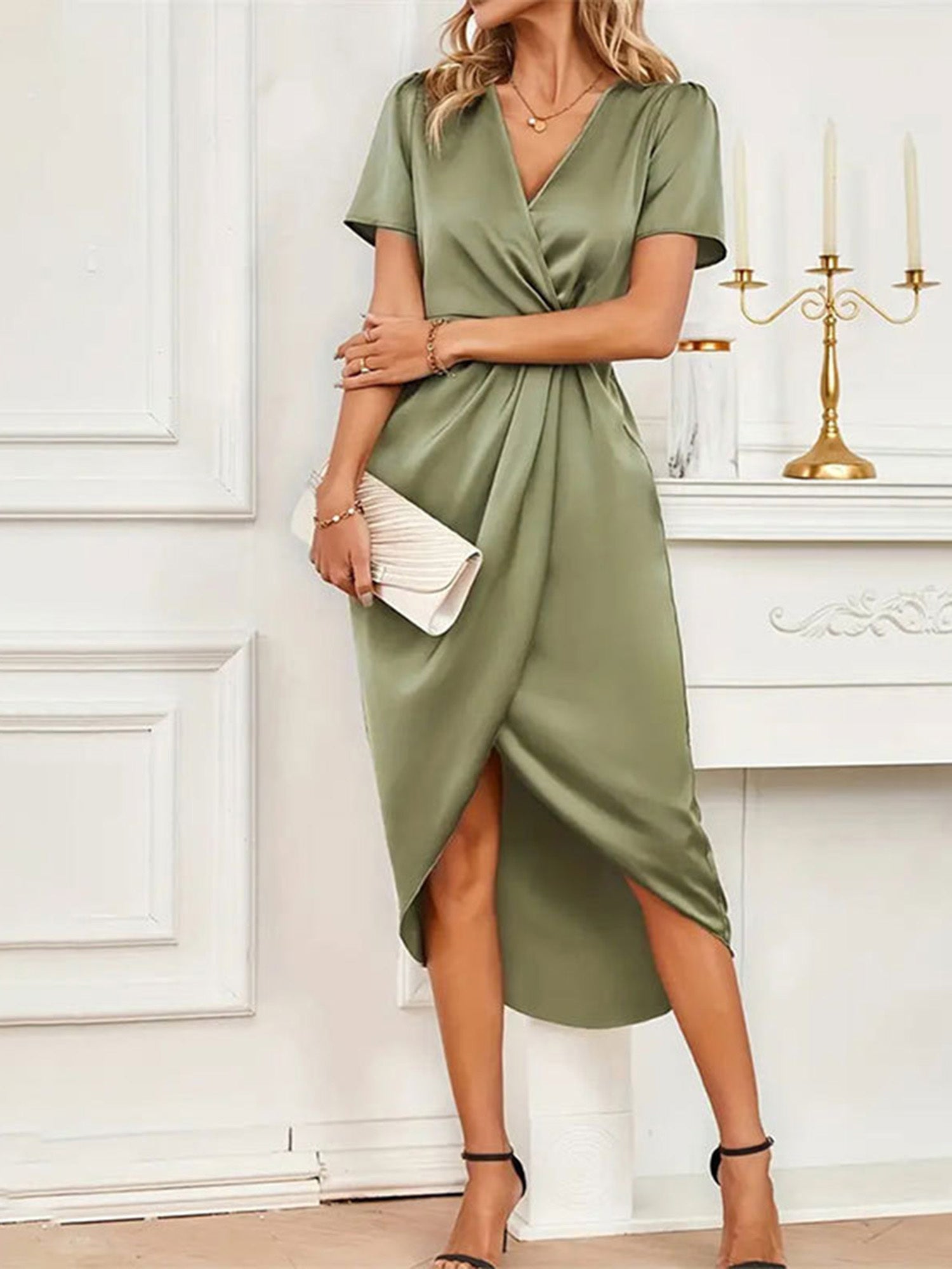 Women's Retro V-Neck Short Sleeve Dress - Solid Black Irregular Wrap Party & Streetwear Dress for Summer, Non-Stretch Fabric with Faux Buttons, Cocktail Attire, Casual Outfits, Short Party Dress, Smooth Texture Gown