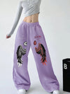 Women's Angel and Devil Wing Print Joggers - Casual Loose Fit Wide Leg Sweatpants with Drawstring Waist, Black Polyester, Versatile Clothing|Bold Print Leggings|Glossy Fabric Pants
