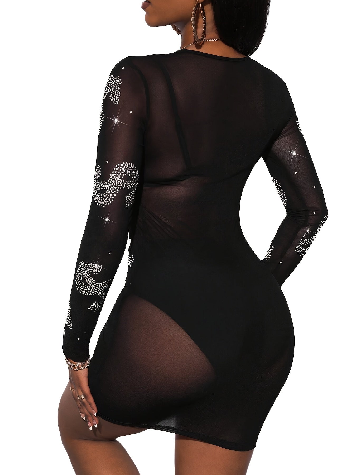 [Sexy Rhinestone Bodycon Dress] Rhinestone Mesh Bodycon Dress - No Bra Set, Sexy Dollar Pattern
