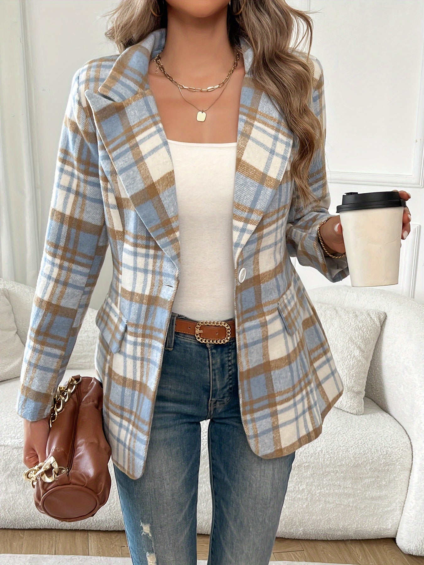 Plaid Button Front Lapel Blazer, Elegant Long Sleeve Blazer For Office & Work, Women's Clothing