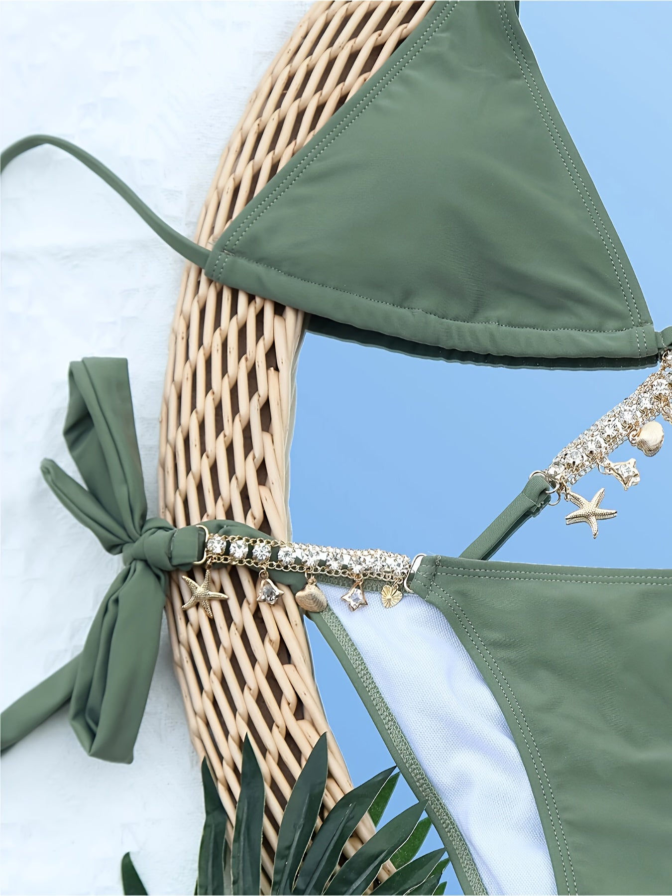 [1pc Elegant High-Waisted Bikini] 1pc Elegant Rhinestone Accented Bikini Set for Women - High-Waisted Knit Fabric Swimsuit with Deep V Neck, Side Lace-Up Bottom, and Adjustable Straps - Solid Color Nylon and Spandex Blend, Po