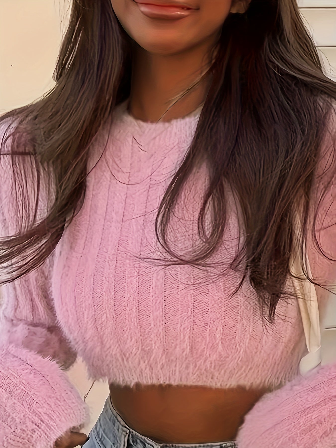Y2K Solid Crew Neck Crop Sweater - Long Sleeve, For Spring & Fall - Women's Clothing - Perfect for Casual & Trendy Outfits - Gift Idea for Fashionable Women