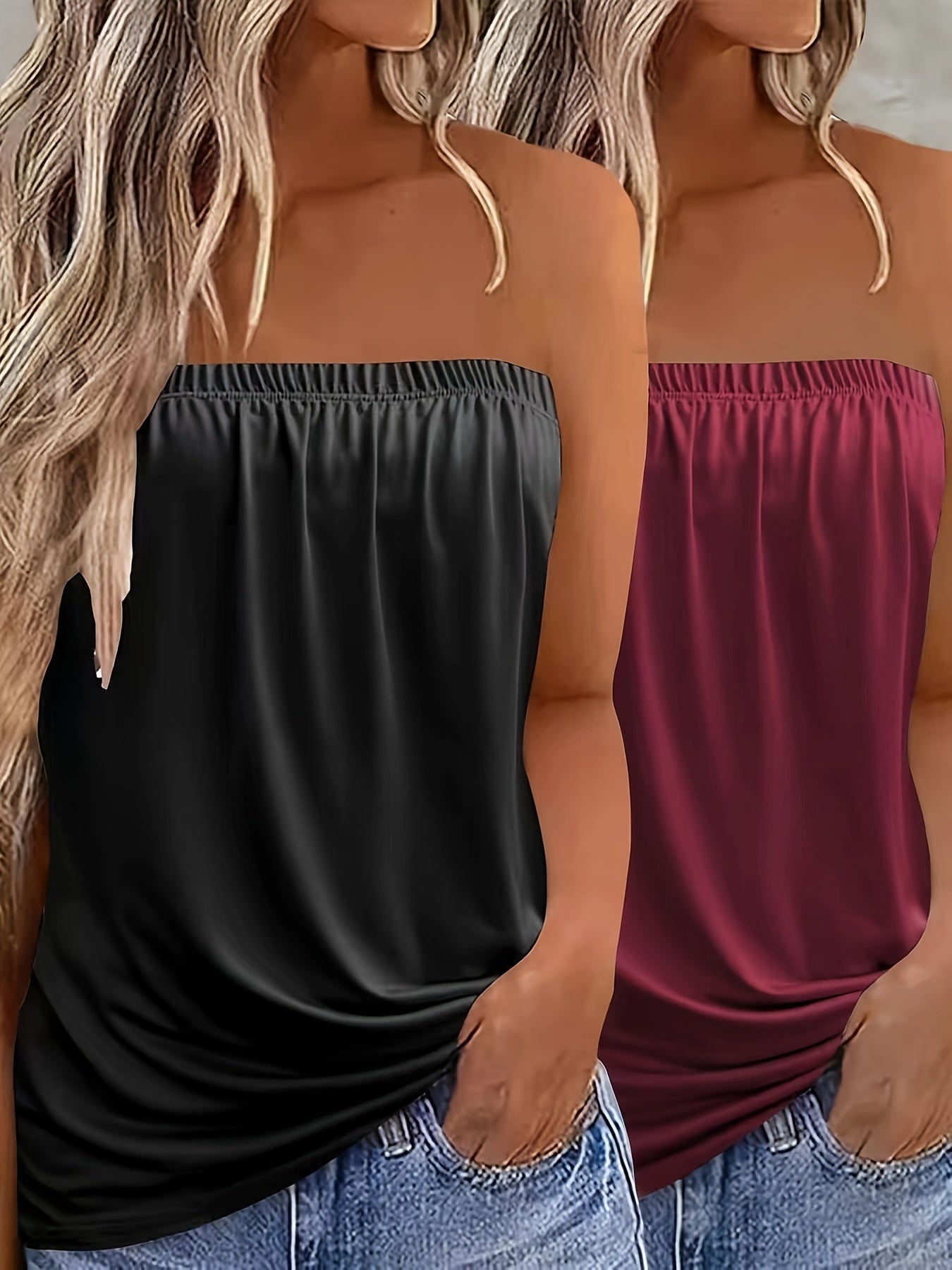 2-Pack Elegant Strapless Bandeau Top, Solid Color Jersey Knit Fabric, Stretchy Polyester 100% Sleeveless Backless Summer Tank Tops