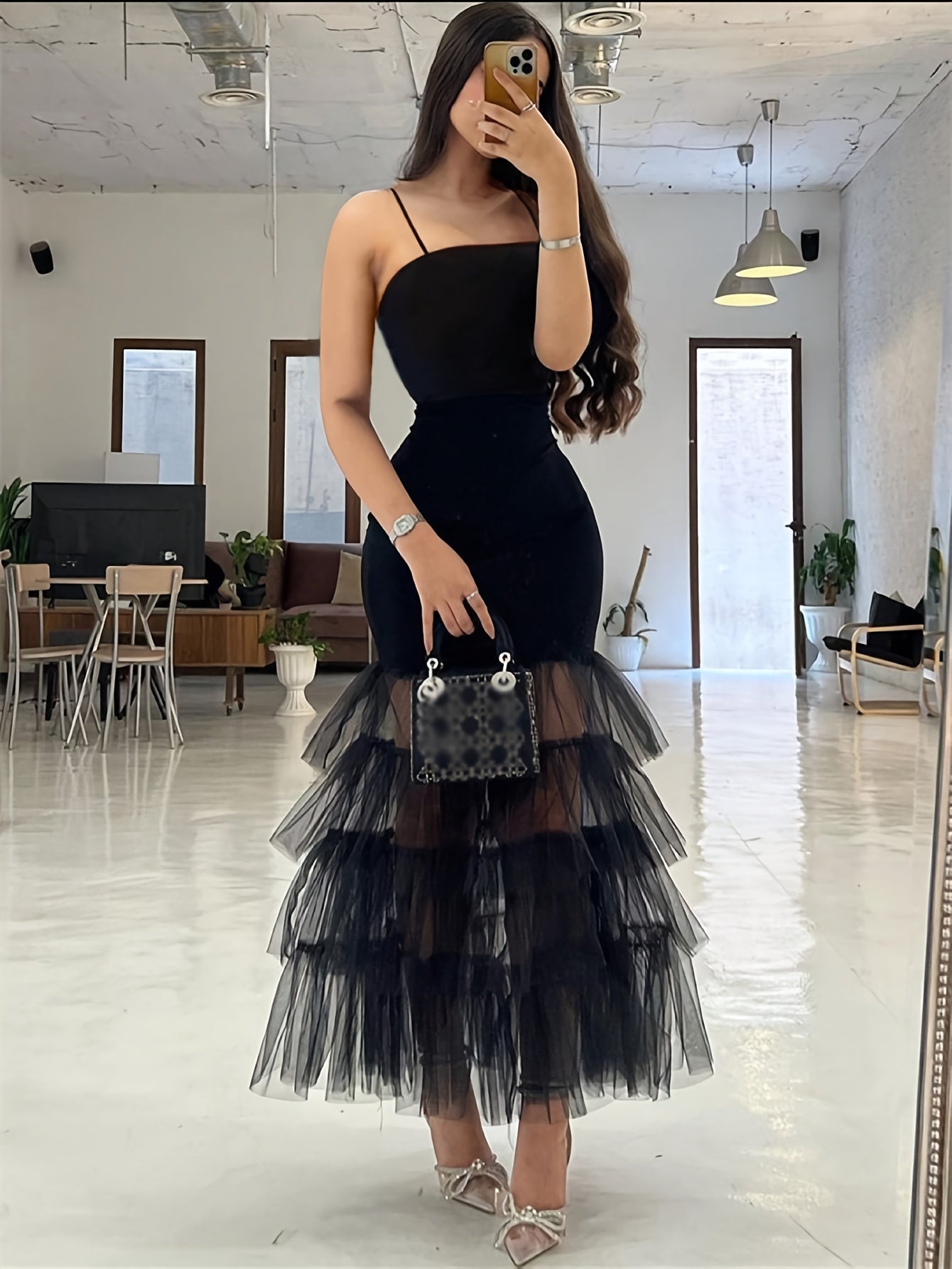 Women's Elegant Black Bodycon Party Dress with Sheer Mesh Layers, Thin Straps & Ruched Detailing - Machine Washable Formal Evening Gown, Event Ready | Sophisticated Tailoring, Evening Party Dress