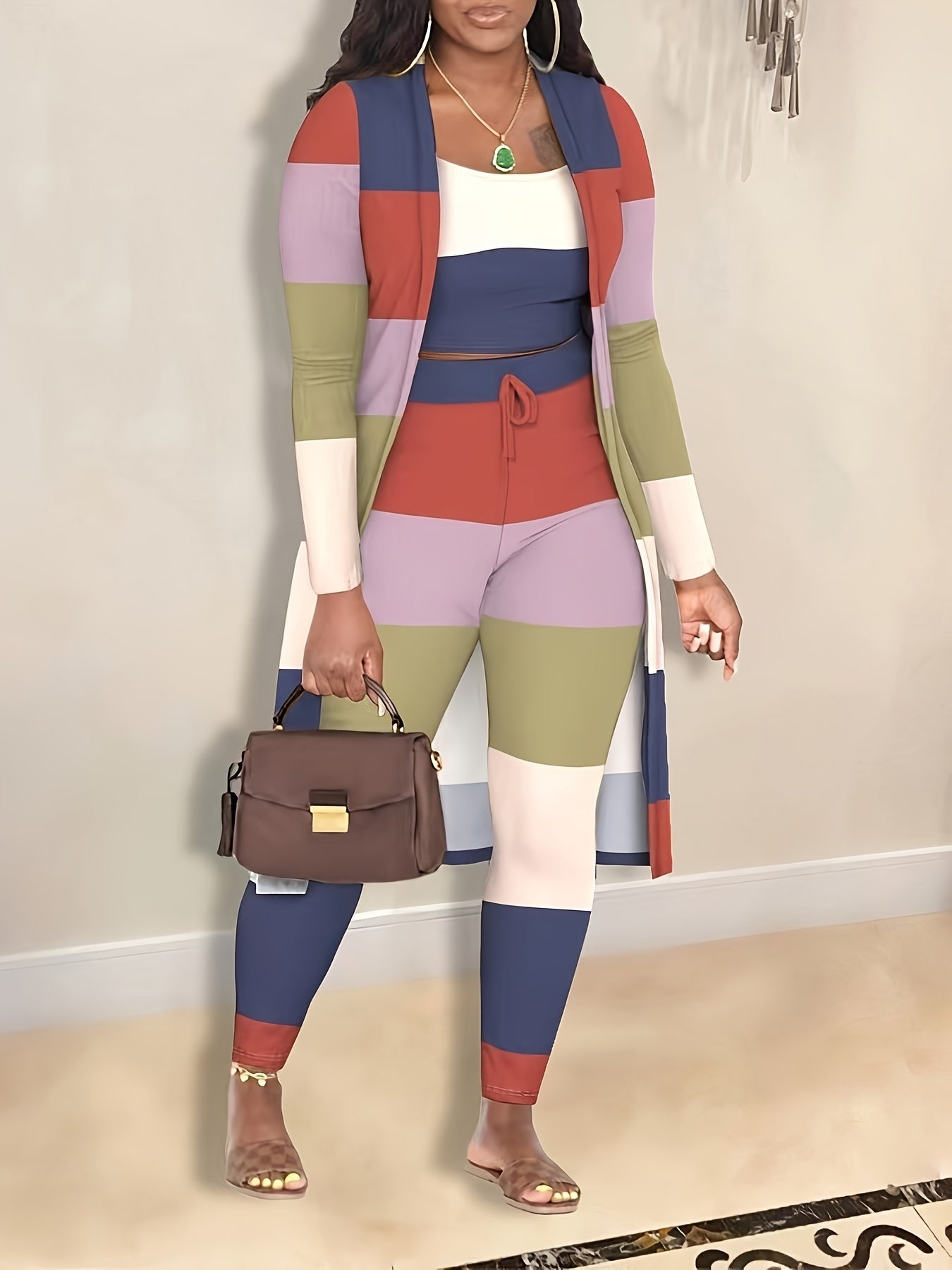 Fashion Color Block Striped Print Open Cardigan with Tie Waist Pants Three-Piece Set