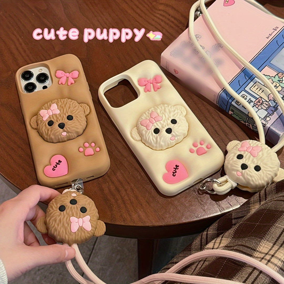 3D Teddy Dog Phone Case with Extendable Holder, Silicone Shockproof Protective Cover with Sculpture Design, Air Cushion Drop Protection, Compatible with iPhone 11 12 13 14 15 Pro Max Plus - Ideal for Easter, Valentine's Day,