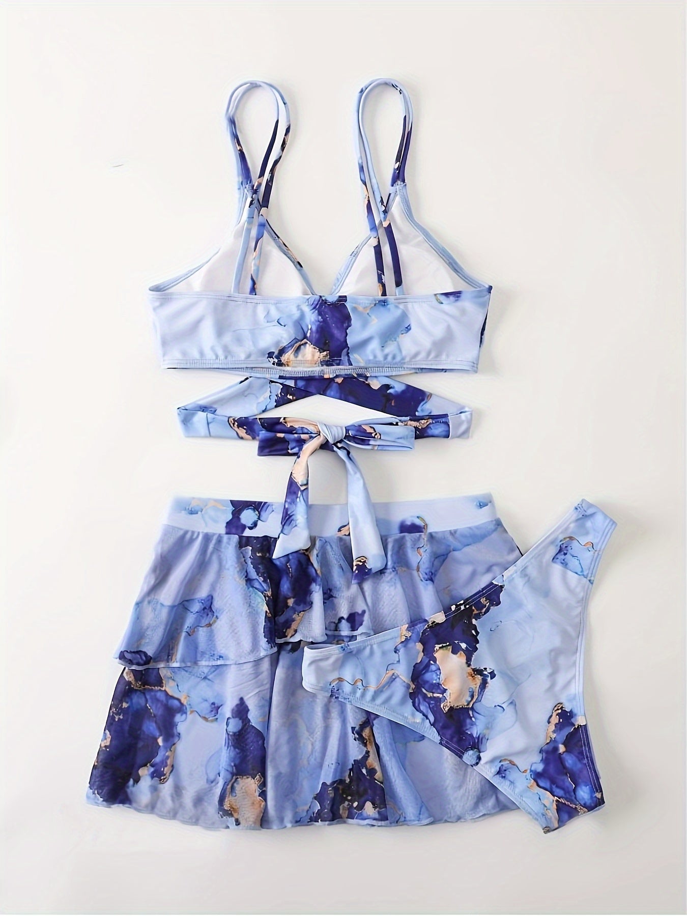 Swimwear Summer Beach Marble Print Bikini Set Layered Beach Skirt Three Piece Swimsuit