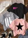 3pcsSet Casual Minimalist Pentagram & English Letter Print Round Neck Short Sleeve Cropped T-Shirt, Suitable for Summer