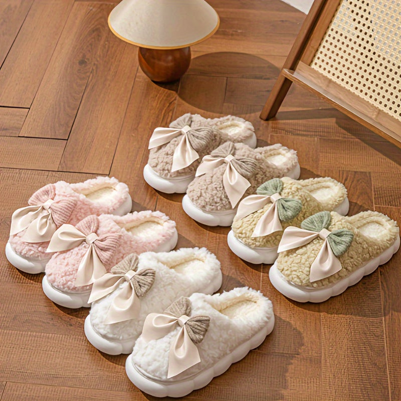 1 Pair Women's Winter Warm Plush Slippers, Casual Solid Color Bowknot Indoor House Shoes, Thick Sole Non-Slip Warm Footwear, Essential Autumn/Winter Home Slides with Superfine Fiber Insole and TPU Sole