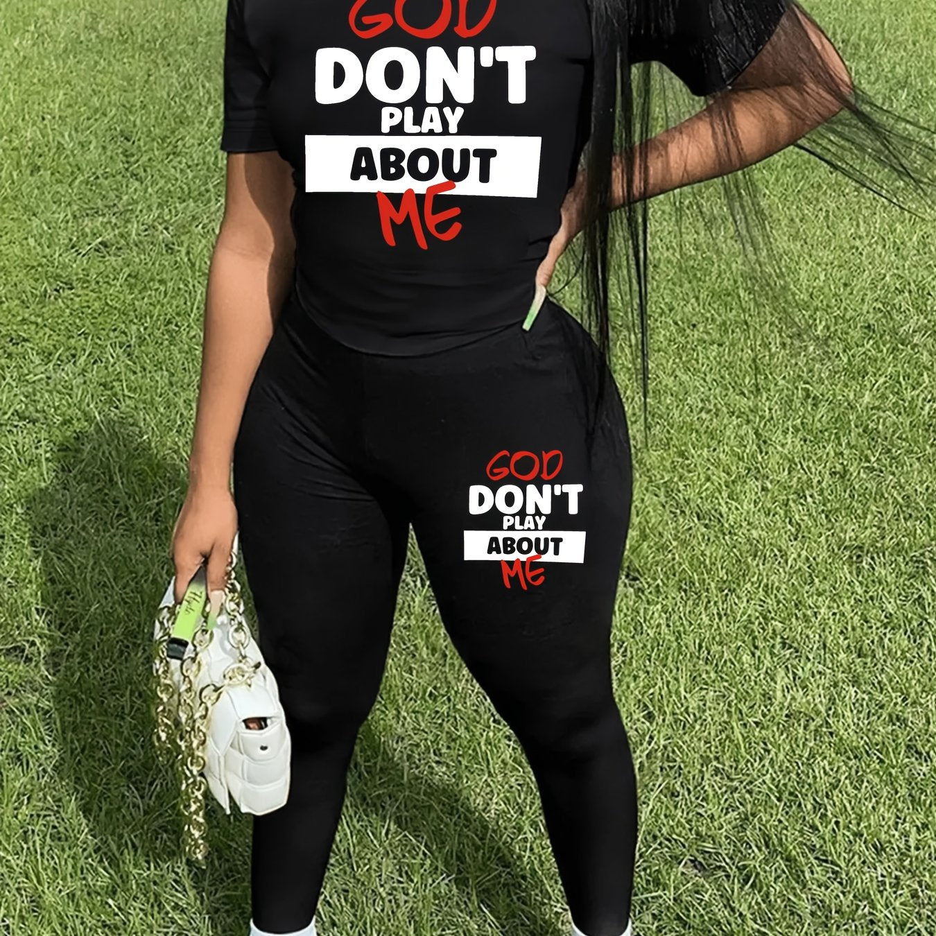 Comfy Polyester Blend Chic Letter Print Casual Outfit - Machine Washable T-Shirt & Long Pants Set for Women