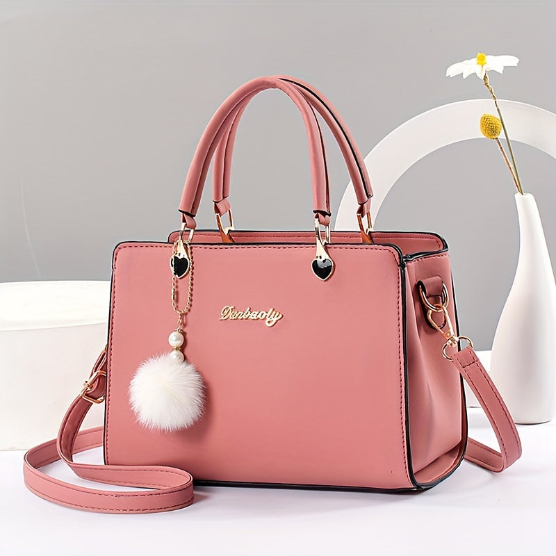 Stylish Solid Color Women's Handbag with Pom Pom Charm - Multi-Layer Crossbody Bag,, Zip Closure, Stain-Resistant, Black/White/Pink/Watermelon Red/Gray