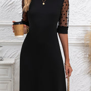 Elegant Women's Midi Dress with Contrast Lace Detail - Black, Crew Neck, Half Sleeve, A-Line Silhouette, Polyester, Spring/Summer/Fall Wear