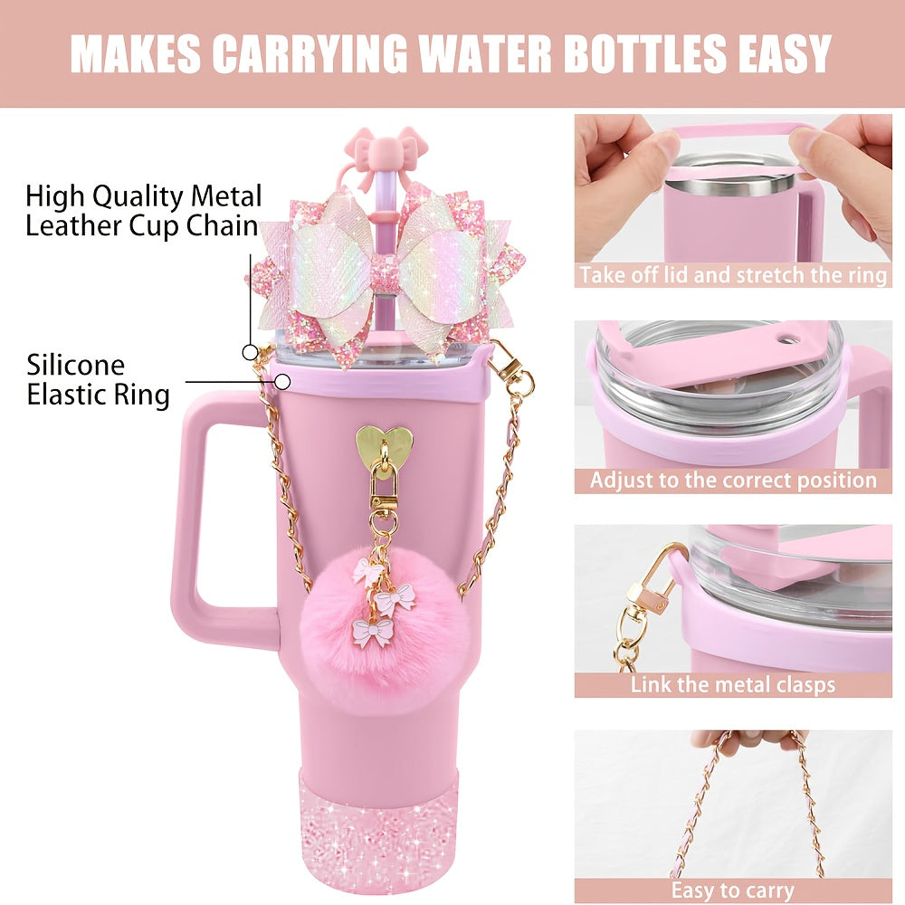 8pcs Bling Silicone Accessories for 30oz 40oz Tumbler Cup, Including Silicone Bow Straw Topper Cover, Protective Silicone Boot, Leather Water Bottles Handle Strap