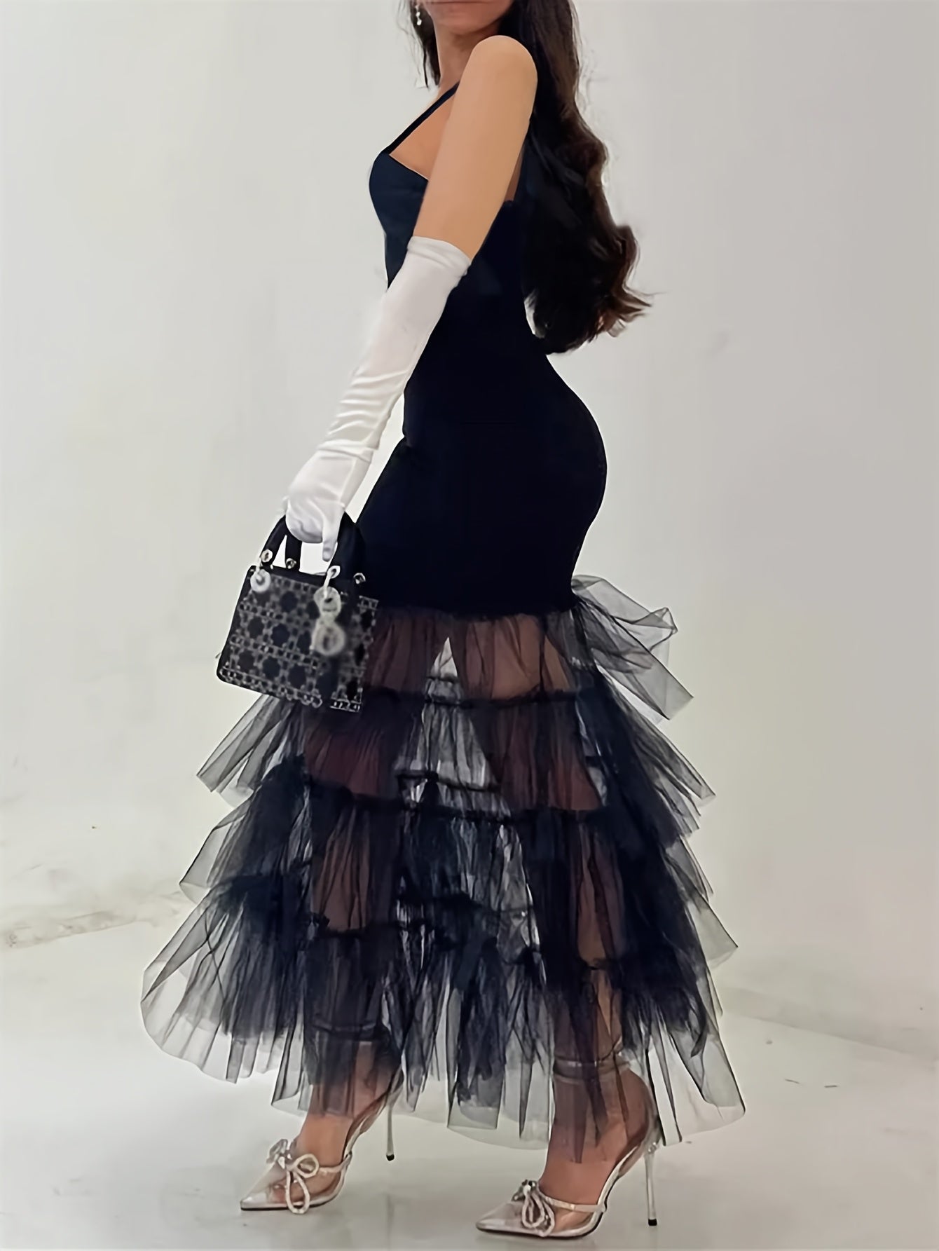 Women's Elegant Black Bodycon Party Dress with Sheer Mesh Layers, Thin Straps & Ruched Detailing - Machine Washable Formal Evening Gown, Event Ready | Sophisticated Tailoring, Evening Party Dress