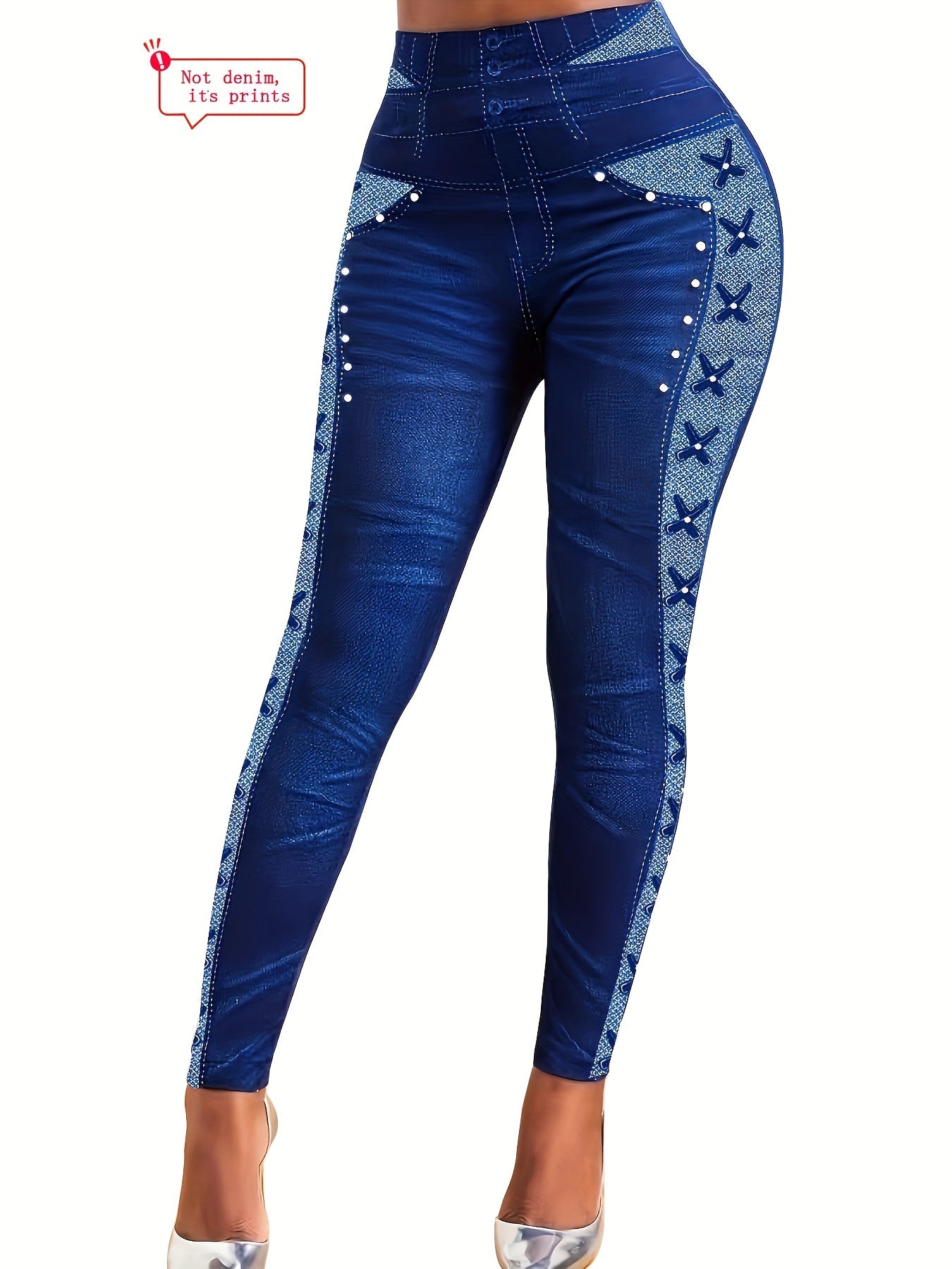 Women's High-Waist Stretch Denim-Look Leggings with Star Pattern and Faux Button Accents - Comfortable Polyester Blend, Machine Washable, Ideal for Casual Wear, High Waisted Leggings