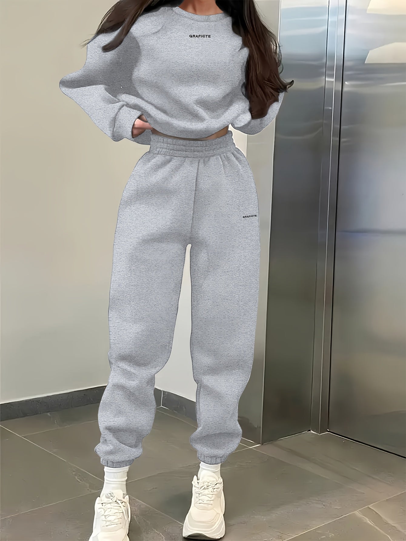 Women'S Spring/Fall Casual Sportswear Set, Polyester 100% Long Sleeve Pullovers with Embroidered Alphabet Design, Crew Neck Drop Shoulder Knit Fabric, Medium Stretch, Loose Fit Sweatshirt and Pants Set