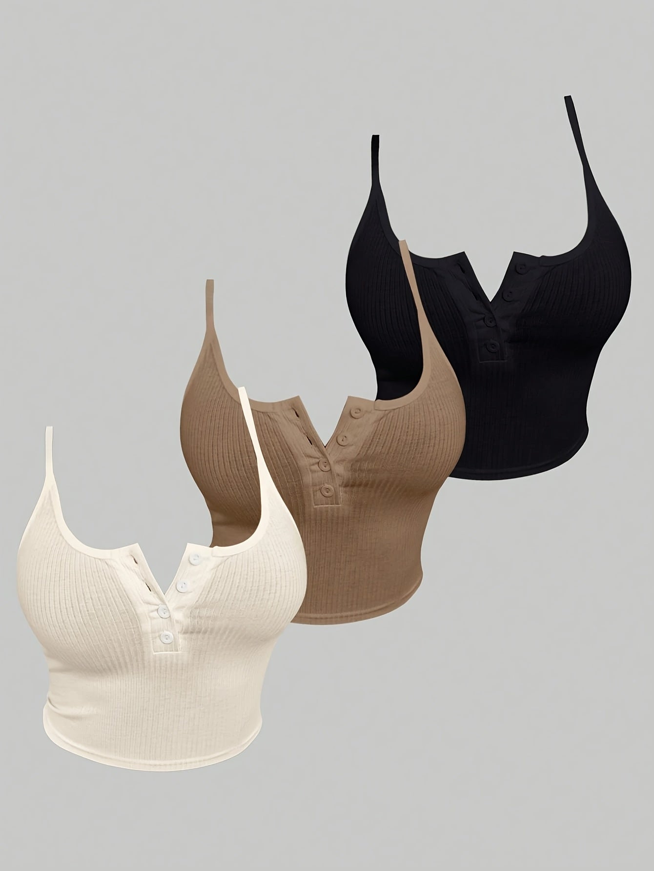 3pcs Set Women'S Knit Polyester Tank Tops with Button Detail, Casual Solid Color Slingback Camisoles, 95% Polyester 5% Elastane, All-Season Spaghetti Strap Tops