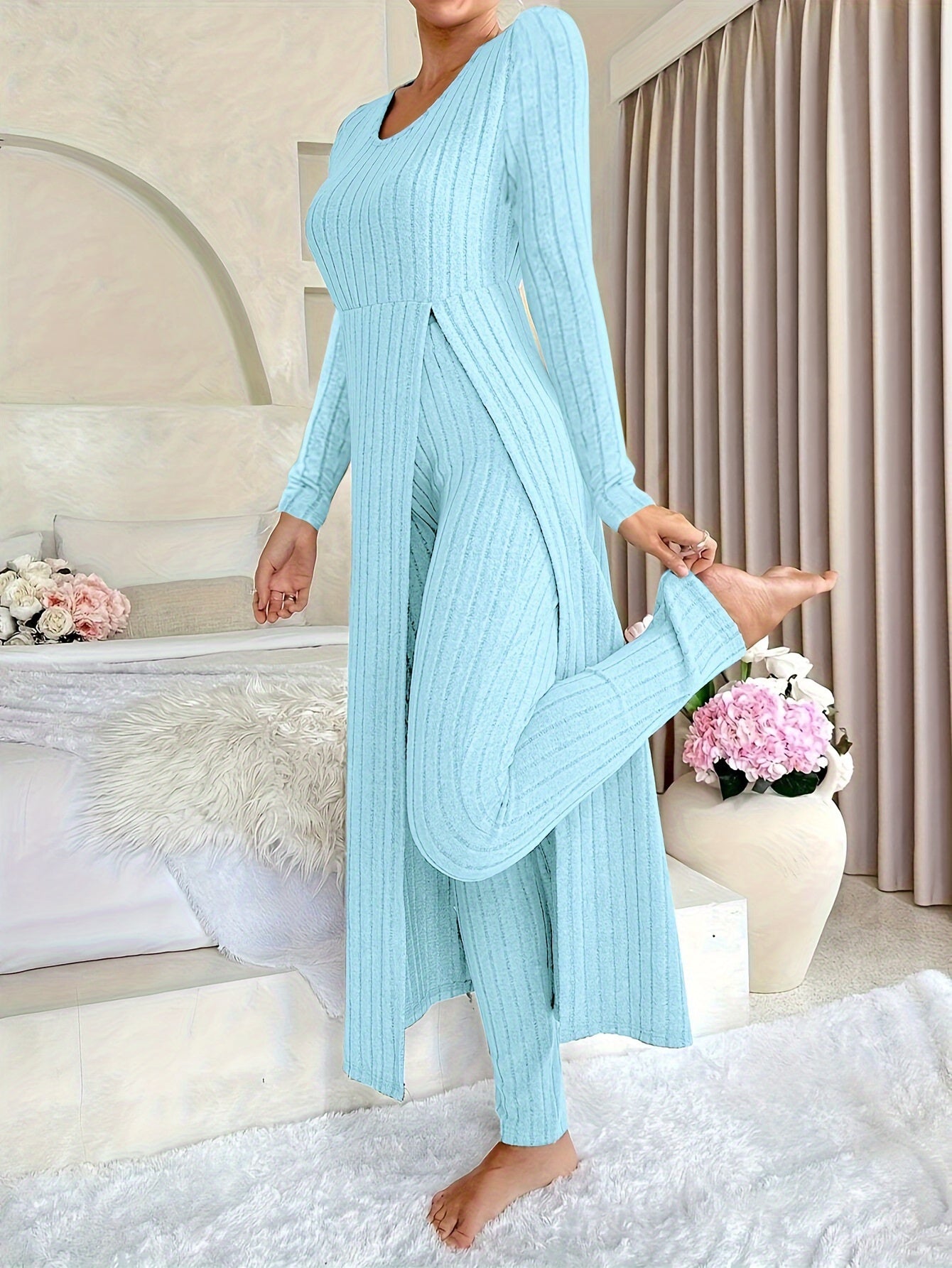 Short Sleeve V Neck Solid Color Ribbed Pants Set, Elastic Waist Slim Outfits with Long Length Top, Casual Women's Clothing
