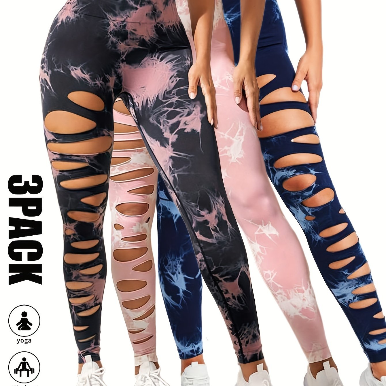 [3 Pack High Waist Yoga Leggings] 3 Pack Women's Tie Dye Cutout Tights High Waist Workout Yoga Leggings, Scrunch Butt Lifting Elastic Pants, Womens High Waist Yoga Pants Cutout Ripped Tummy Control Workout Running Yoga Skinny