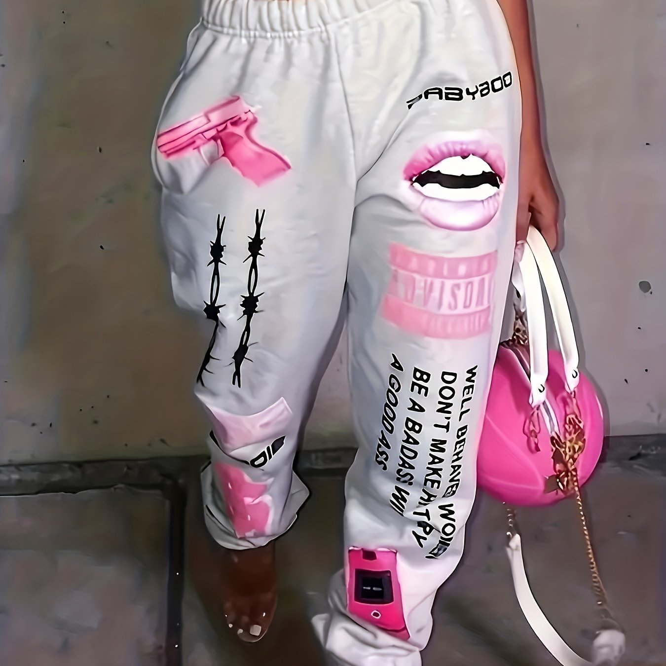 New European and American Hip-hop Print Draping Casual Tied Foot Sports Pants for Women