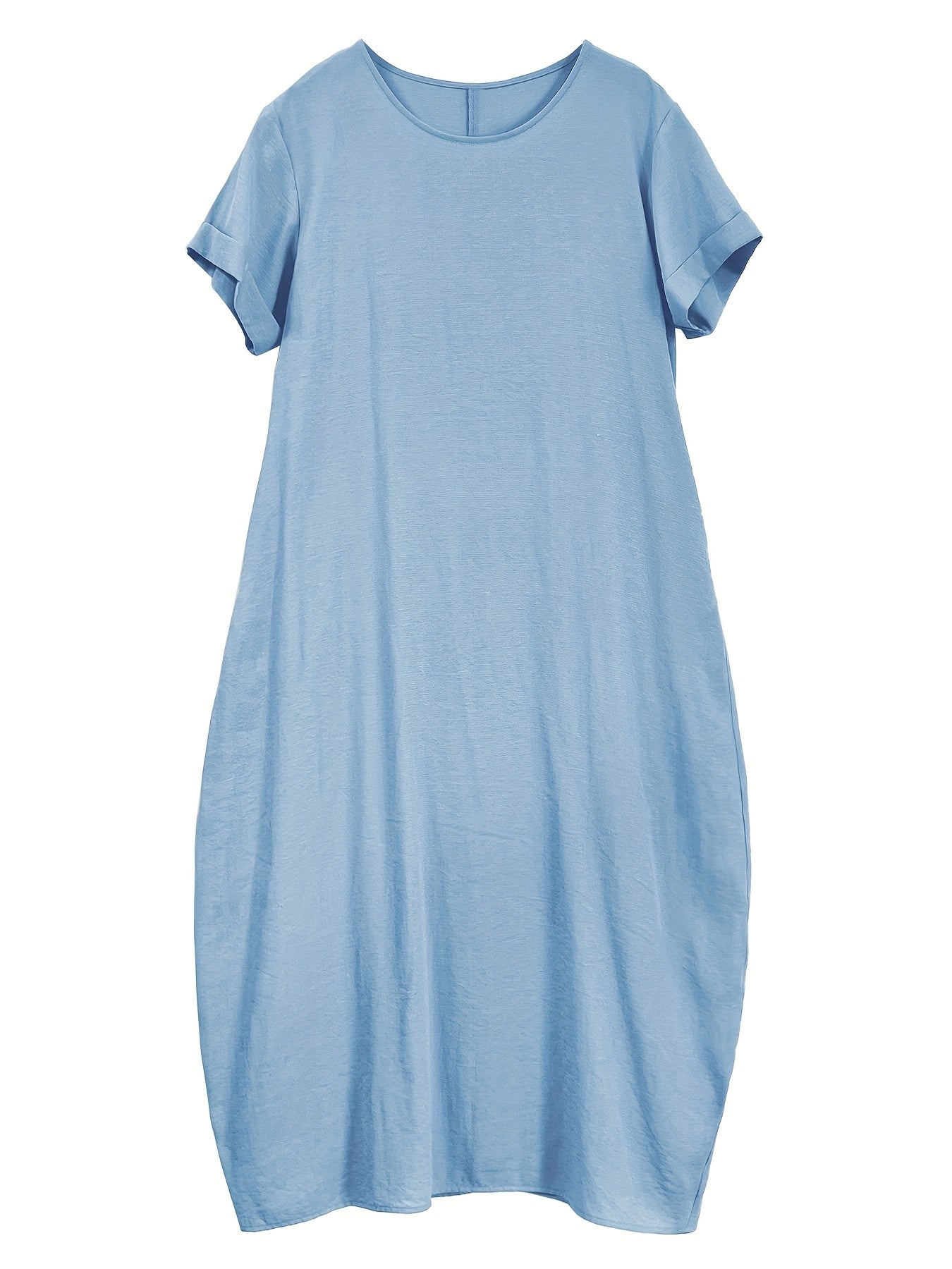 Women's New Summer Round Neck Short Sleeve Loose Dress with Pocket, Elegant and Pure Color Mid-Long Casual Skirt