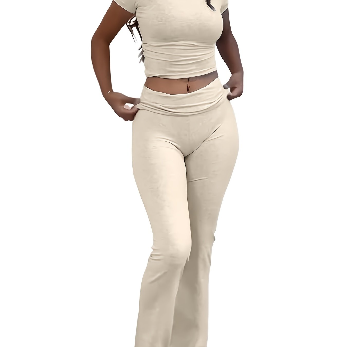 Women's Casual Slim Fit Two-Piece Pants Set – Short Sleeve Crew Neck T-Shirt & High Stretch Flared Leg Sport Pants Outfit