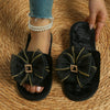 Women's Indoor Furry Slippers with Open Toe, Rhinestone and Bow Detail Elegant Home Slip-Ons in Plus Size Soft Comfort