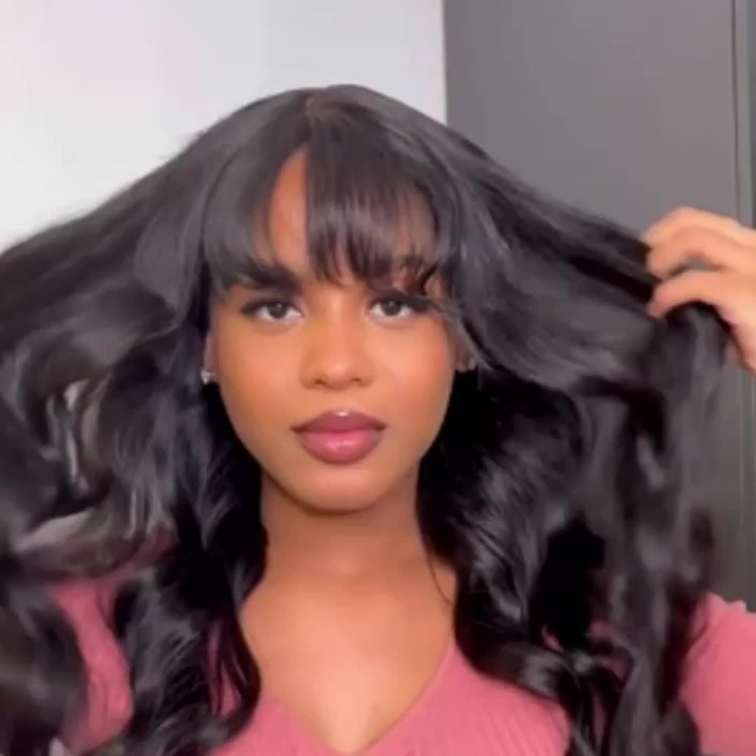 Body Wave Wigs with Bangs 100% Human Hair Wigs for Women None Lace Front Wigs 200%Density Brazilian Virgin Hair Glueless Machine Made Wig Human Hair Wigs with Bangs Natural Color