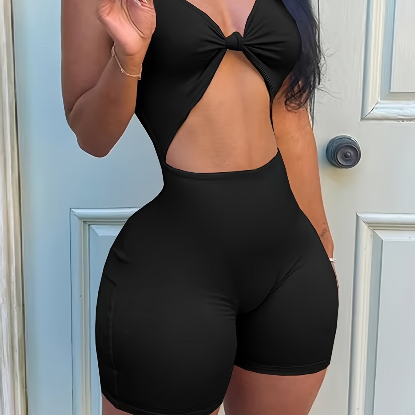Sexy V-Neck Sleeveless Hollow Out Front Twist Romper - 100% Polyester Knit Fabric, 250g/m², All-Season Casual Unitard for Women