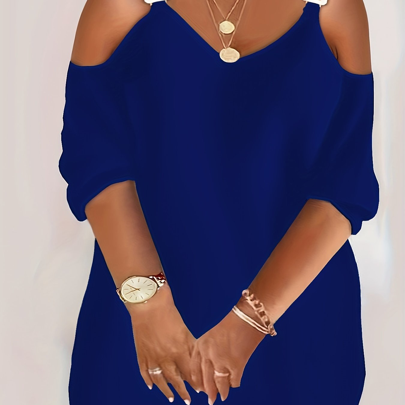 Plus Size Women's Casual Cold Shoulder Dress - V-Neck with Metal Chain Detail, Teal Blue, Sleeve, Relaxed Fit for Summer, Nontransparent Fabric