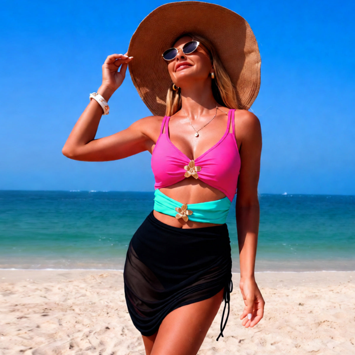 Color-Block Mesh One-Piece Swimsuit For Women