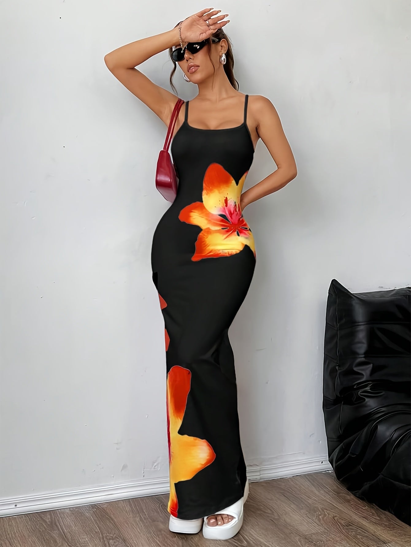 Print Long Cami Dress for Women - Stretchy Polyester Blend, Sleeveless Bodycon with Vibrant Orange & Red Flower Design, Machine Washable, Summer Fashion, Summer Evening Wear | Fitted Silhouette | Smooth Glossy Fabric
