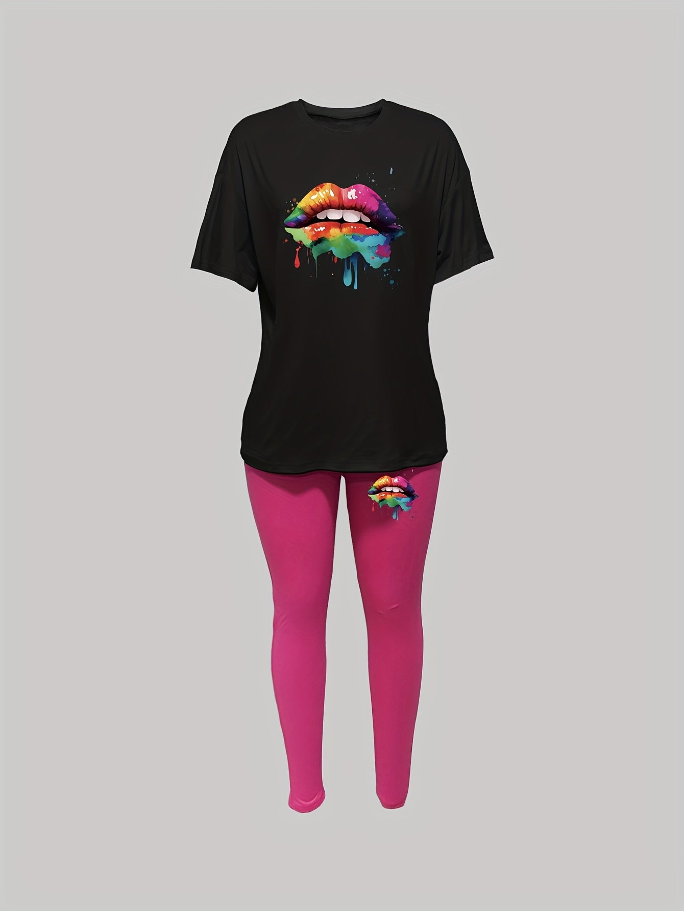 two piece Women's Two-Piece Lip Print Set: Short Sleeve T-Shirt & Leggings Outfit
