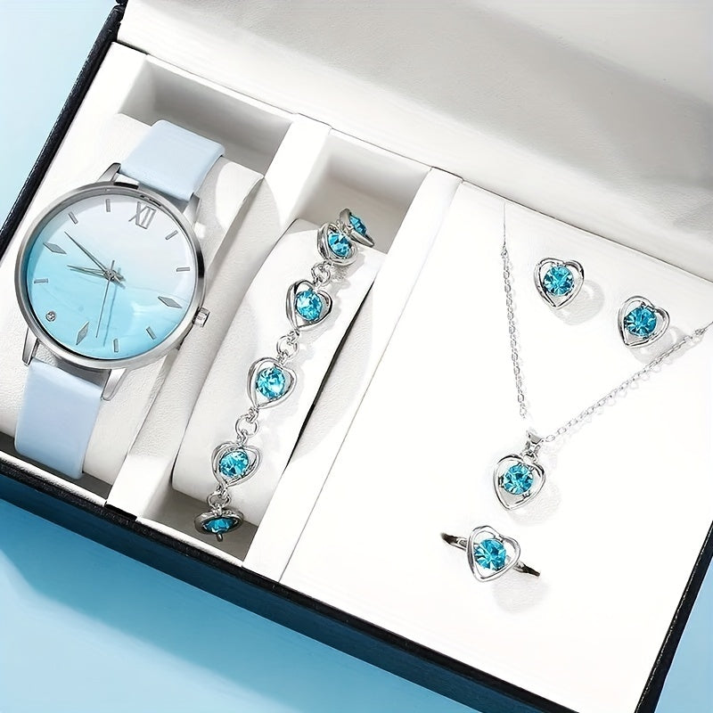 6pcs Set Fashion Women Simple Wrist Watches Blue Rhinestone Quartz Watch PU Leather Strap Ladies Dress Bracelet Watch Set Gifts