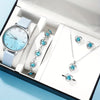 6pcs Set Fashion Women Simple Wrist Watches Blue Rhinestone Quartz Watch PU Leather Strap Ladies Dress Bracelet Watch Set Gifts