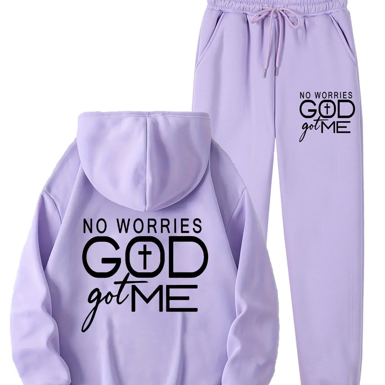 No Worries GOD Got Me Printed Women's Casual Sports Set, Sports Kangaroo Pocket Hoodie Set, Women's 2pcs Warm Set