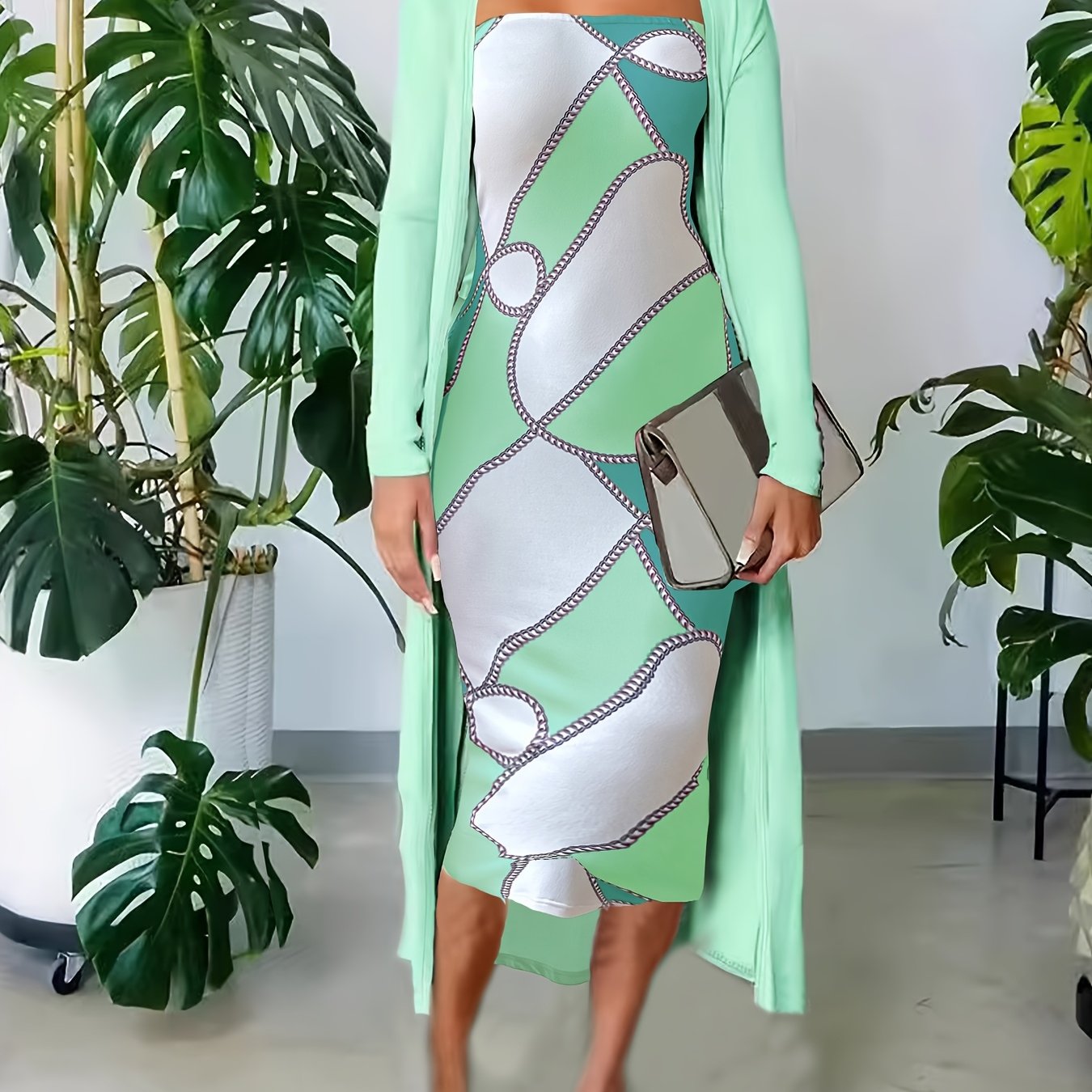 [ Targeted ] Casual Chain Full Printed Tube Tight Dress And Solid Color Open Front Coat Women's Two-piece Set