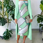 [ Targeted ] Casual Chain Full Printed Tube Tight Dress And Solid Color Open Front Coat Women's Two-piece Set