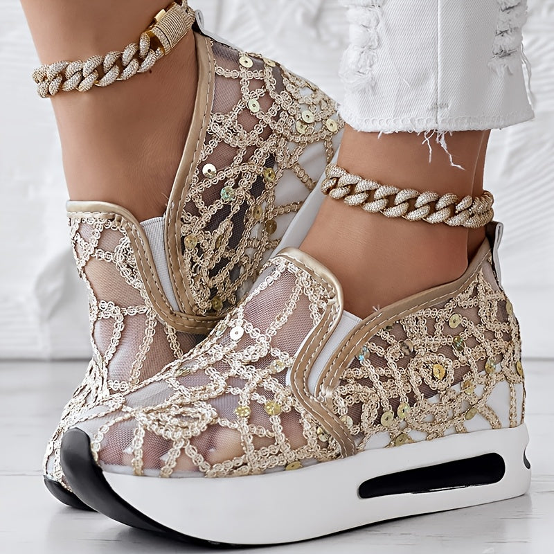 Abstract Print Side Lace-up Casual Wedge Sneakers - Without Anklet
