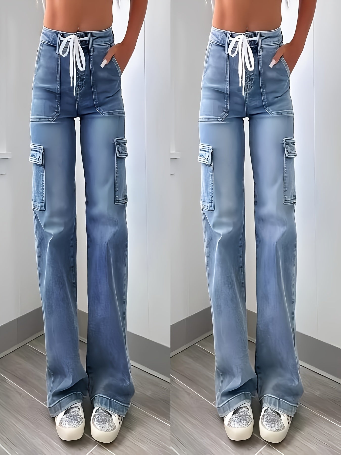 2025 New Style Women'S Leisure Straight-leg Jeans With Laces And Multiple Pockets. Casual Fashion Denim Fabric Sweatpants Jeans Fit Womenswear