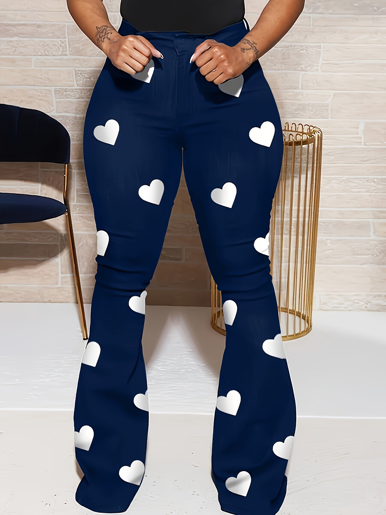 Stylish Heart Print Flare Leg Pants - High Waist, Casual, Versatile, Comfortable, and Chic Womens Clothing for Spring and Summer - Perfect for Daily Wear, Outdoor Activities, and Travel