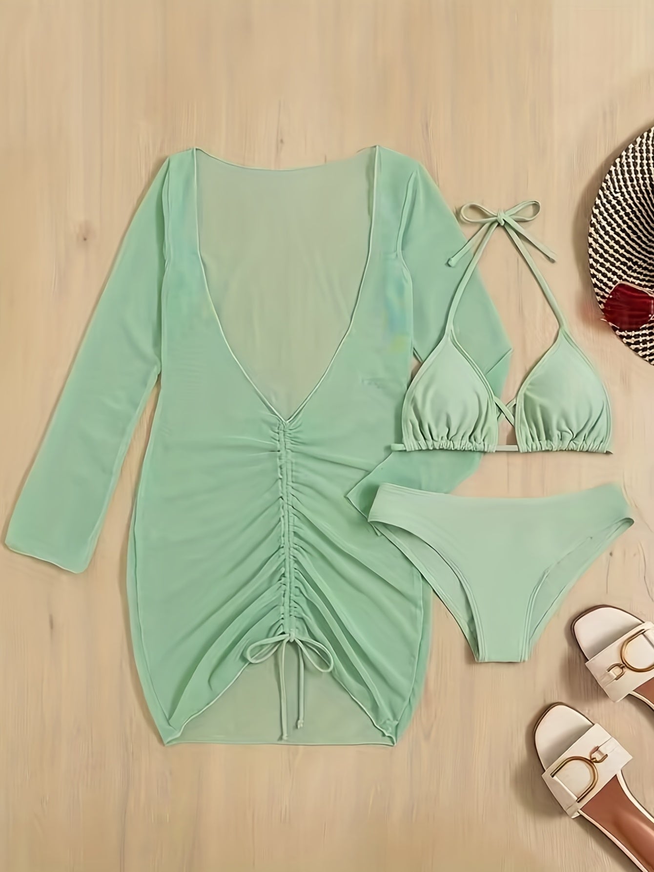 3-Pieces Green Bikini Sets, Halter Neck High Cut With Drawstring Long Sleeves Cover Up Dress Swimsuit, Women's Swimwear & Clothing Triangle Top