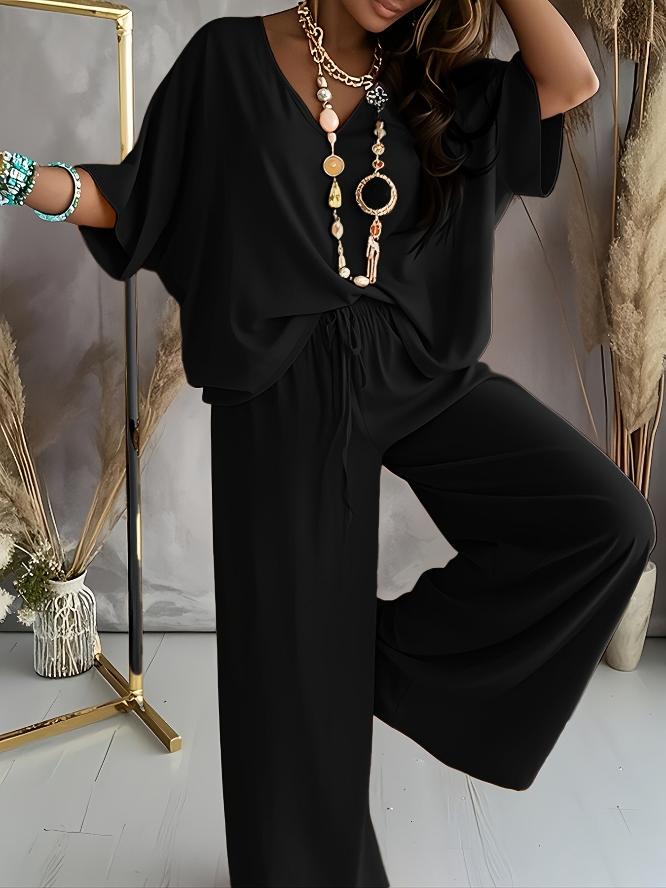Casual Solid Color Pants Suit, Half Sleeve V-neck Top And Wide Leg Pants Clothing, Women'S Clothing