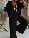Casual Solid Color Pants Suit, Half Sleeve V-neck Top And Wide Leg Pants Clothing, Women'S Clothing