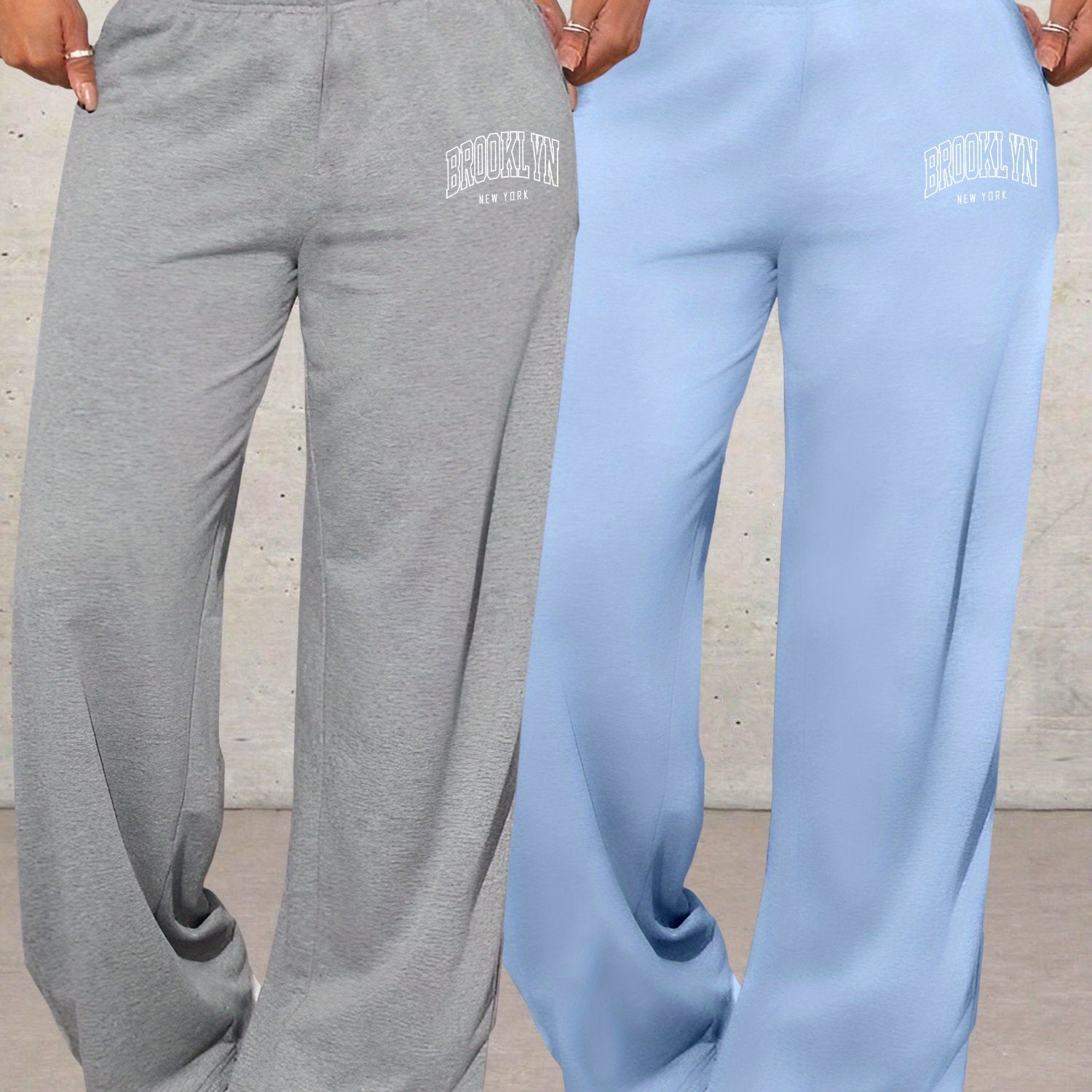 2pcs Women'S Letter BROOKLYN Print High Waist Wide Leg Loose Pocket Casual Jeans Pants