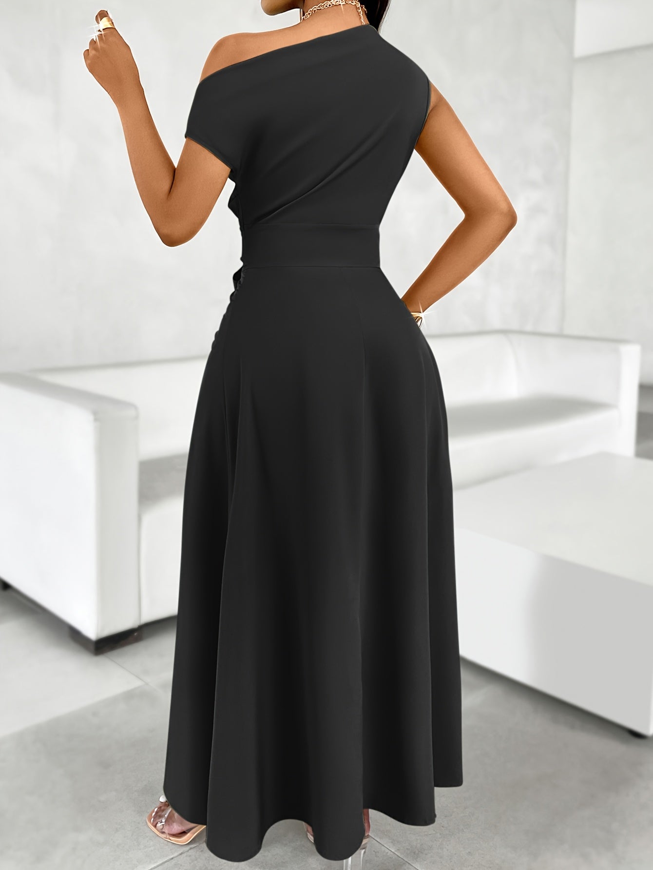 Elegant Off-Shoulder Lime Green Maxi Dress with Front Slit and Tie Waist - Long Sleeve, Polyester Blend, Sophisticated Knot Detail for Women