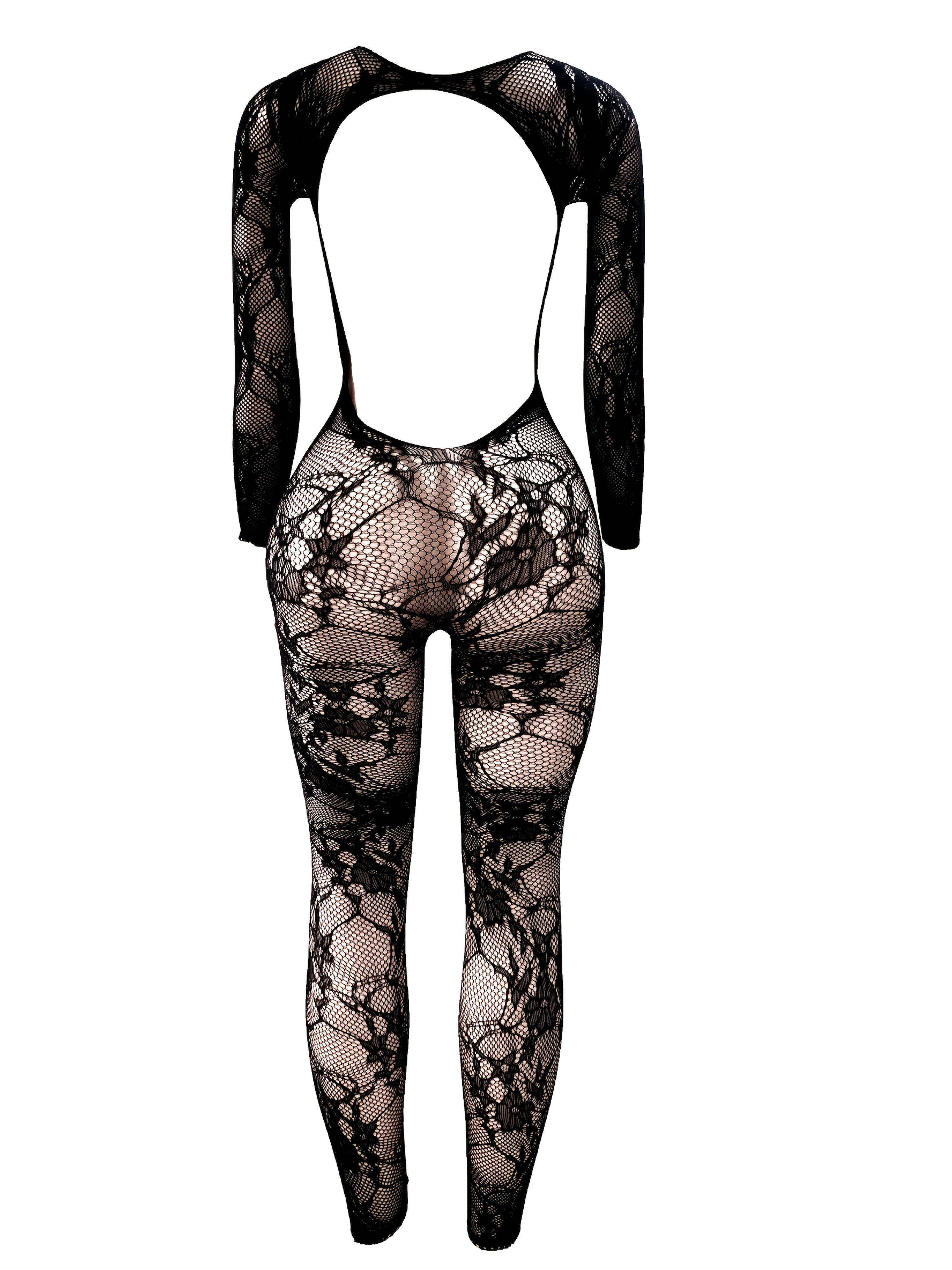 1pc Women'S Sexy Long Sleeve See-Through Bodystocking Jumpsuit - Black Hollow Out Design, Open Crotch Body Stocking for Music Festivals, Christmas & Valentine'S Day Parties, Party Wear|Sexy Jumpsuit|See-Through Bodystocking